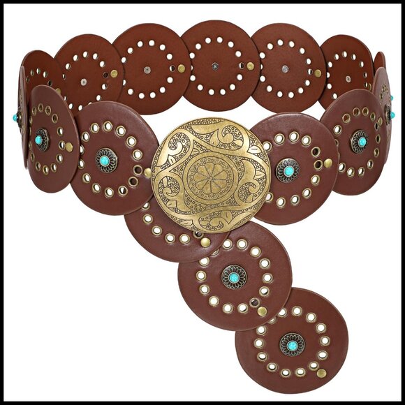 Western PU Leather Belt Wide Waist Boho Chic Cowgirl Concho Buckle Adjustable main image 7
